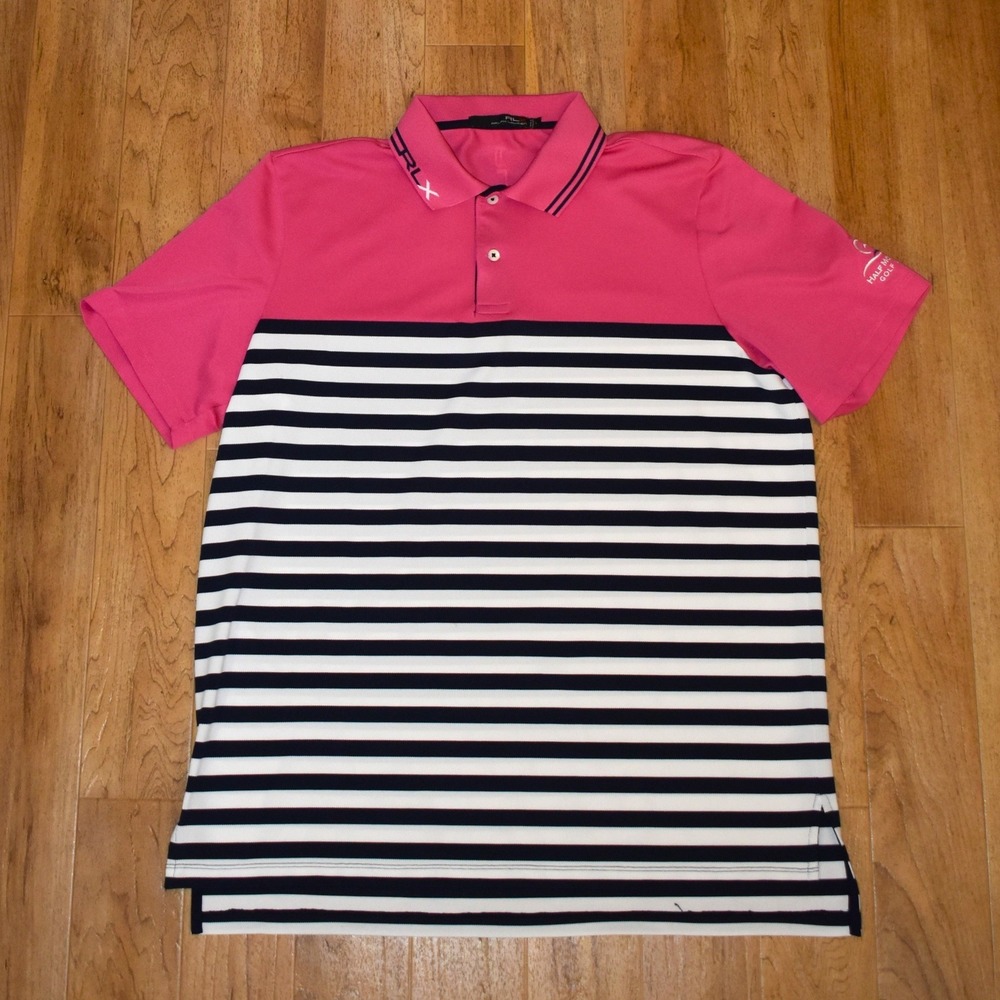 RLX Ralph Lauren Polo Mens Large Pink Striped Half Moon Bay Golf Shirt
